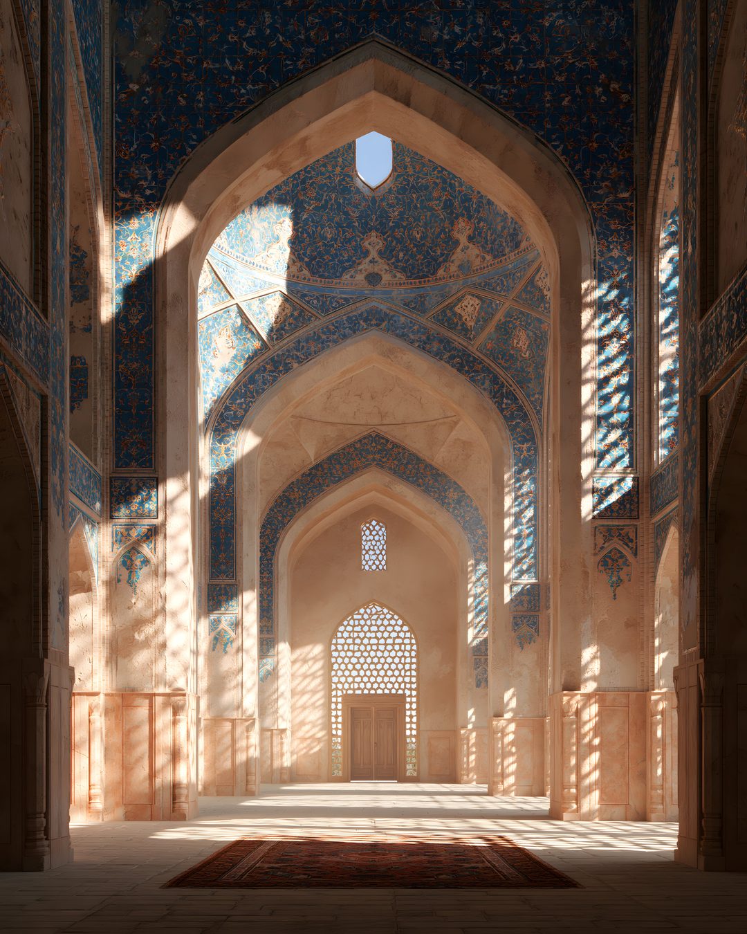 Interior de una mezquita de Isfahán: arcos de azulejos azules y luz que entra por las celosías