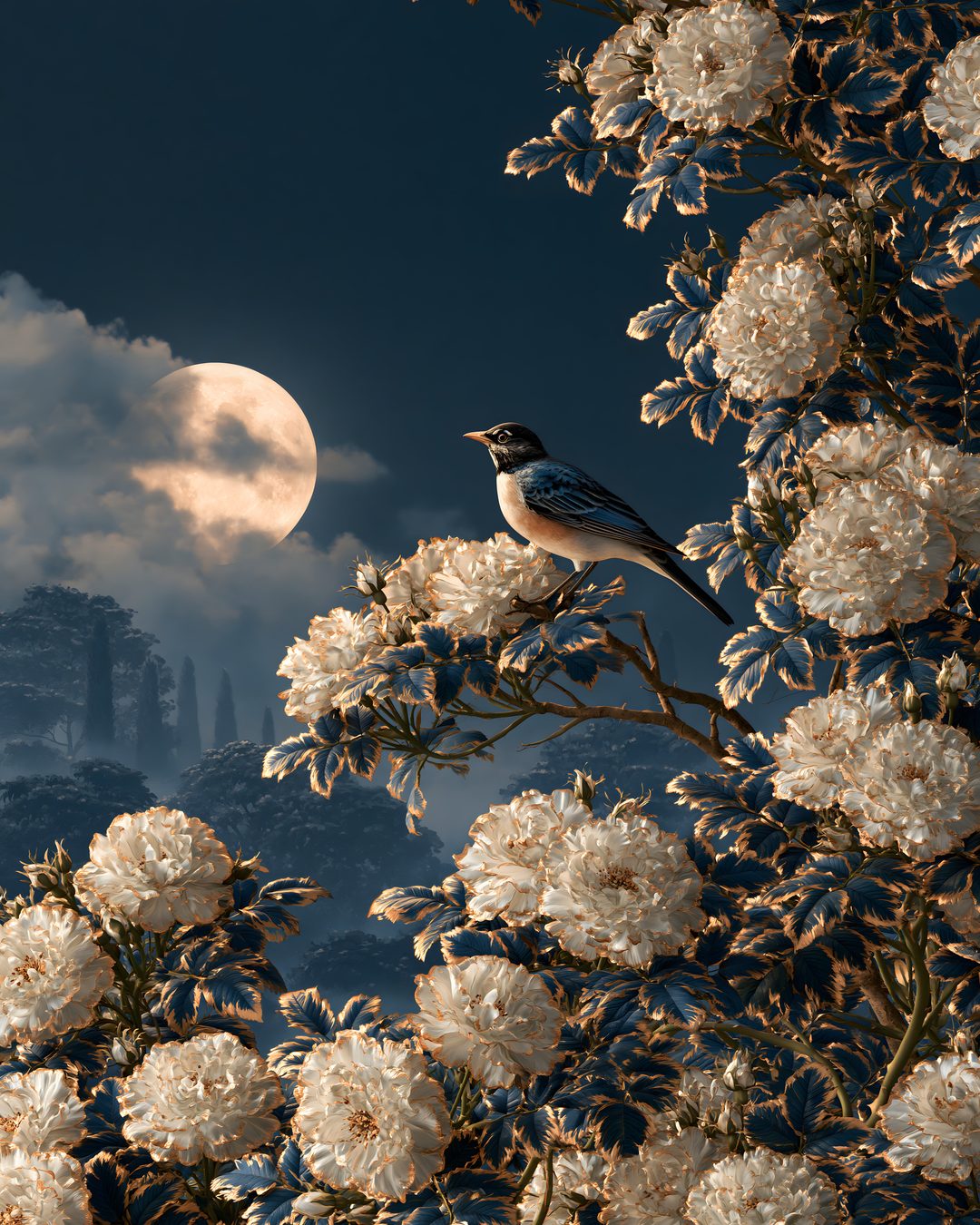 Un pájaro posado entre rosas blancas en una noche de luna llena